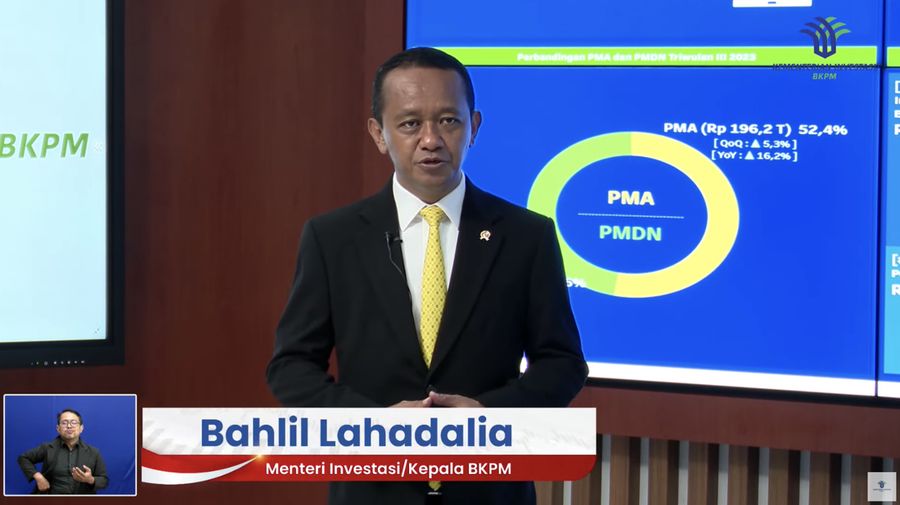 Menteri Investasi/Kepala Badan Koordinasi Penanaman Modal (BKPM) Bahlil Lahadalia menyampaikan data capaian realisasi investasi Triwulan III (Juli-September) Tahun 2023. (Tangkapan Layar Youtube Kementerian Investasi - BKPM)