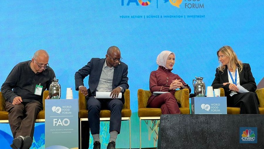 Direktur Utama Pertamina Nicke Widyawati menjadi pembicara dalam World Food Forum 2023 yang digelar oleh Food and Agriculture Organization (FAO) di Roma, Italia. (CNBC Indonesia/Wahyu Daniel)