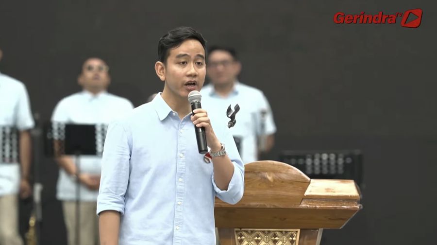 Cawapres Gibran Rakabuming Raka saat berpidato dalam Deklarasi. (Tangkapan Layar Youtube GerindraTV)