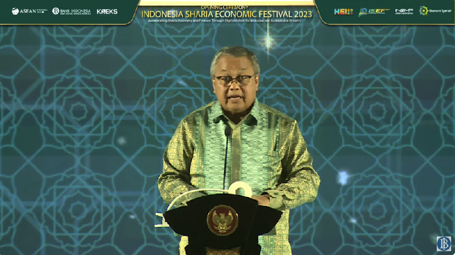 Gubernur Bank Indonesia (BI) Perry Warjiyo dalam pembukaan Indonesia Sharia Economic Festival 2023. (Tangkapan Layar Youtube Bank Indonesia)