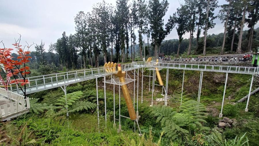 Kondisi jembatan kaca yang pecah dan menyebabkan 1 wisatawan tewas dan 1 luka di lokasi wisata The Geong Hutan Pinus Limpakuwus, Kabupaten Banyumas, Rabu (25/10/2023). (Anang Firmansyah/detikJateng)