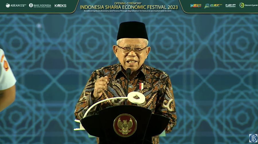 Wakil Presiden Ma'ruf Amin dalam acara pembukaan Indonesia Sharia Economic Festival 2023. (Tangkapan Layar Youtube Bank Indonesia)