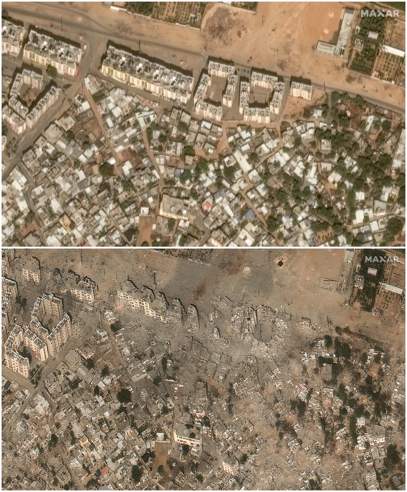 Gambar kombinasi menunjukkan kota Beit Hanoun di Palestina sebelum dan sesudah kerusakan akibat konflik yang sedang berlangsung antara Israel dan Hamas, Jalur Gaza utara. (via REUTERS/MAXAR TECHNOLOGIES)