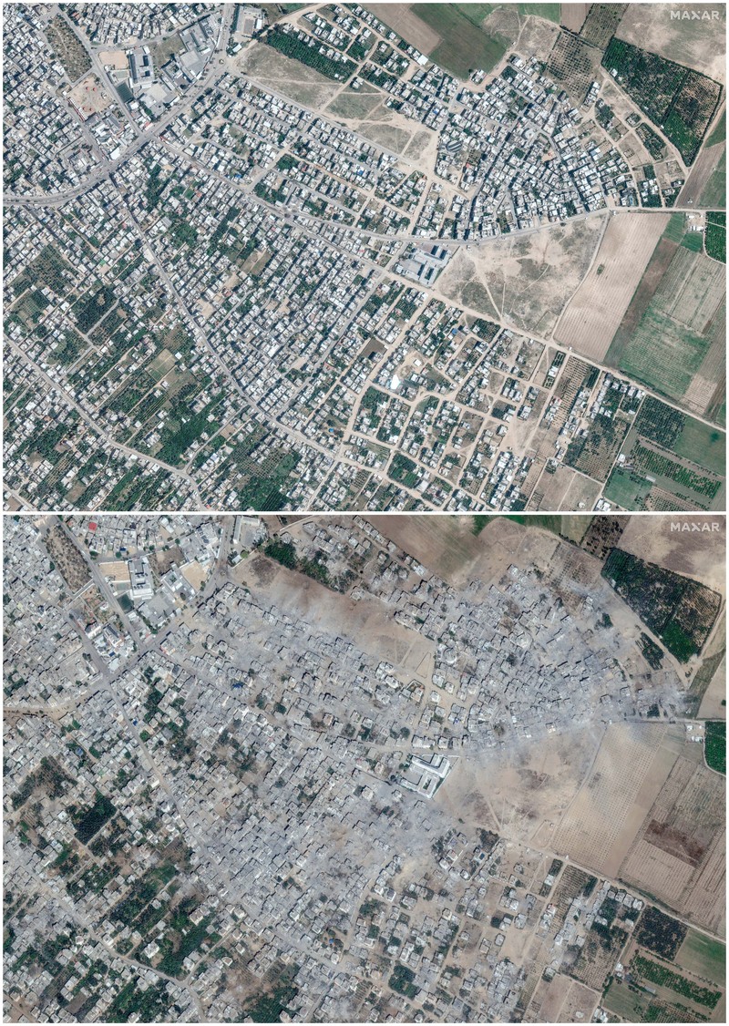 Gambar kombinasi menunjukkan kota Beit Hanoun di Palestina sebelum dan sesudah kerusakan akibat konflik yang sedang berlangsung antara Israel dan Hamas, Jalur Gaza utara. (via REUTERS/MAXAR TECHNOLOGIES)