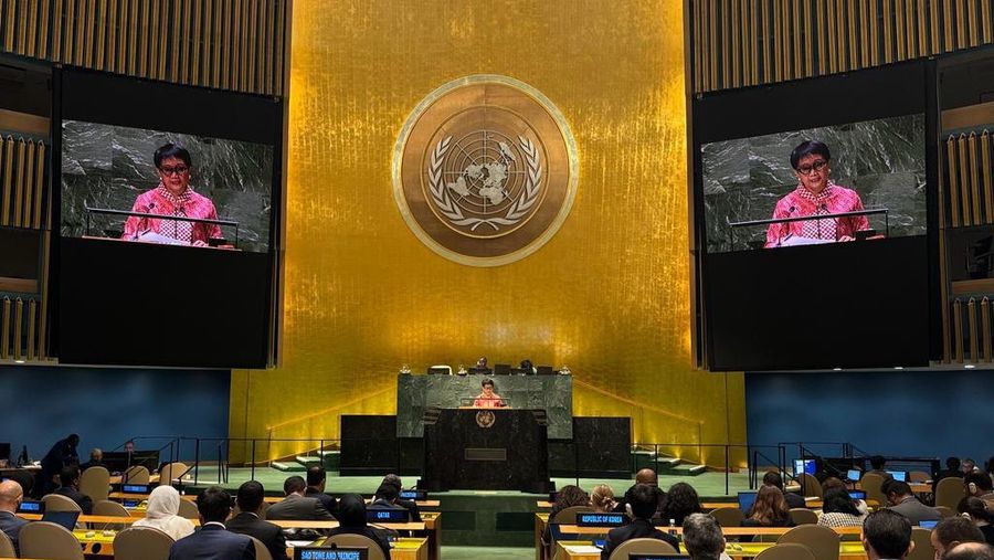 Menteri Luar Negeri RI Retno Marsudi berbicara di Sidang Majelis Umum Perserikatan Bangsa-Bangsa (PBB). (Dok: X@Menlu_RI)