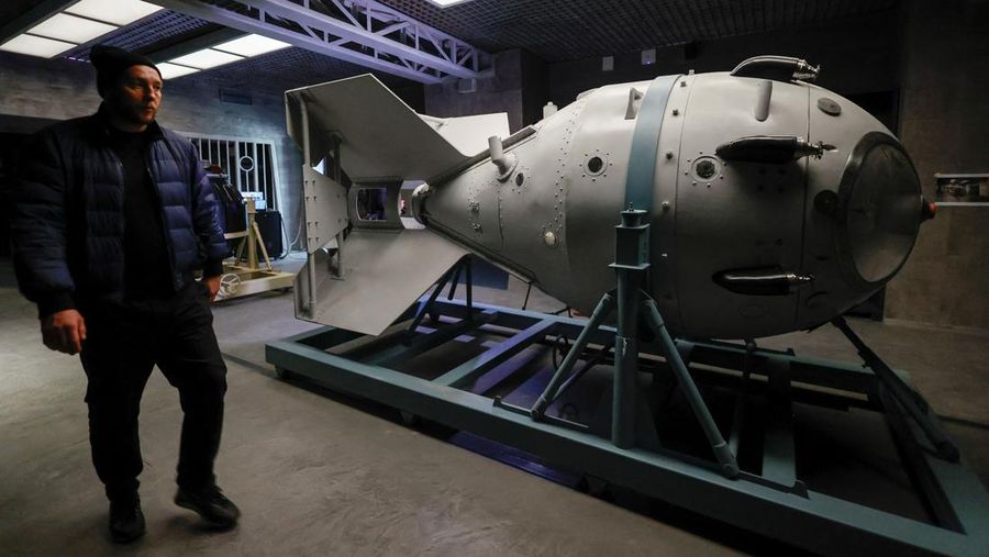 A model of the first Soviet atomic bomb, RDS-1, is on display at the nuclear energy museum Atom, located in a pavilion of the Exhibition of Achievements of National Economy (VDNKh) in Moscow, Russia, October 26, 2023. The exhibition centre will be officially opened to showcase the historic and modern achievements of the country's nuclear industry and display expositions dedicated to the Soviet atomic project, the nuclear arms race between the USSR and the United States and other subjects. REUTERS/Yulia Morozova