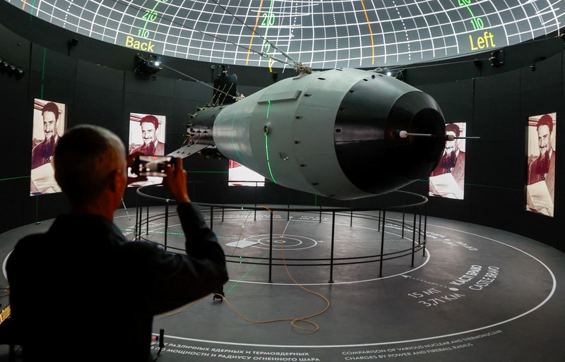 NUCLEAR-RUSSIA/ A model of the first Soviet atomic bomb, RDS-1, is on display at the nuclear energy museum Atom, located in a pavilion of the Exhibition of Achievements of National Economy (VDNKh) in Moscow, Russia, October 26, 2023. The exhibition centre will be officially opened to showcase the historic and modern achievements of the country's nuclear industry and display expositions dedicated to the Soviet atomic project, the nuclear arms race between the USSR and the United States and other subjects. REUTERS/Yulia Morozova
