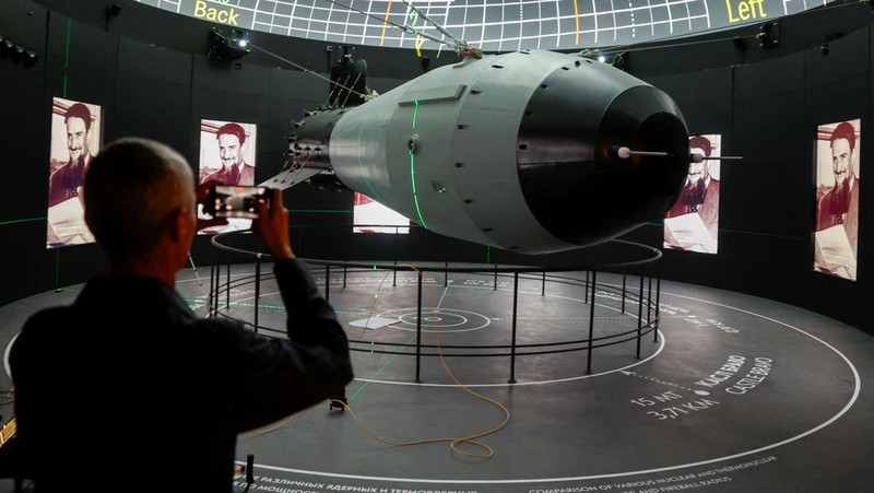 A model of the first Soviet atomic bomb, RDS-1, is on display at the nuclear energy museum Atom, located in a pavilion of the Exhibition of Achievements of National Economy (VDNKh) in Moscow, Russia, October 26, 2023. The exhibition centre will be officially opened to showcase the historic and modern achievements of the country's nuclear industry and display expositions dedicated to the Soviet atomic project, the nuclear arms race between the USSR and the United States and other subjects. REUTERS/Yulia Morozova
