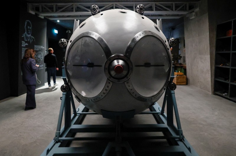NUCLEAR-RUSSIA/ A model of the first Soviet atomic bomb, RDS-1, is on display at the nuclear energy museum Atom, located in a pavilion of the Exhibition of Achievements of National Economy (VDNKh) in Moscow, Russia, October 26, 2023. The exhibition centre will be officially opened to showcase the historic and modern achievements of the country's nuclear industry and display expositions dedicated to the Soviet atomic project, the nuclear arms race between the USSR and the United States and other subjects. REUTERS/Yulia Morozova
