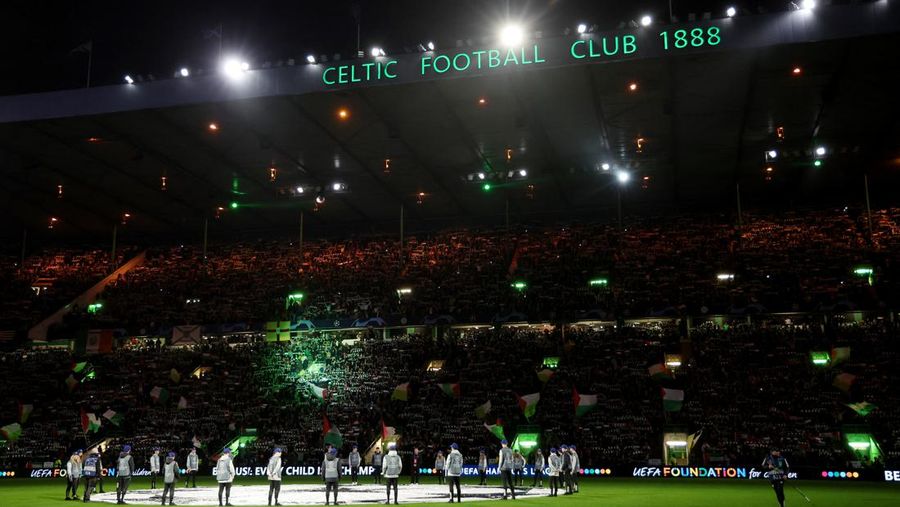 Soccer Football - Champions League - Group E - Celtic v Atletico Madrid - Celtic Park, Glasgow, Scotland, Britain - October 25, 2023 Celtic fans display Palestinian flags in support of Palestine amid the ongoing conflict between Israel and the Palestinian Islamist group Hamas before the match Action Images via Reuters/Jason Cairnduff