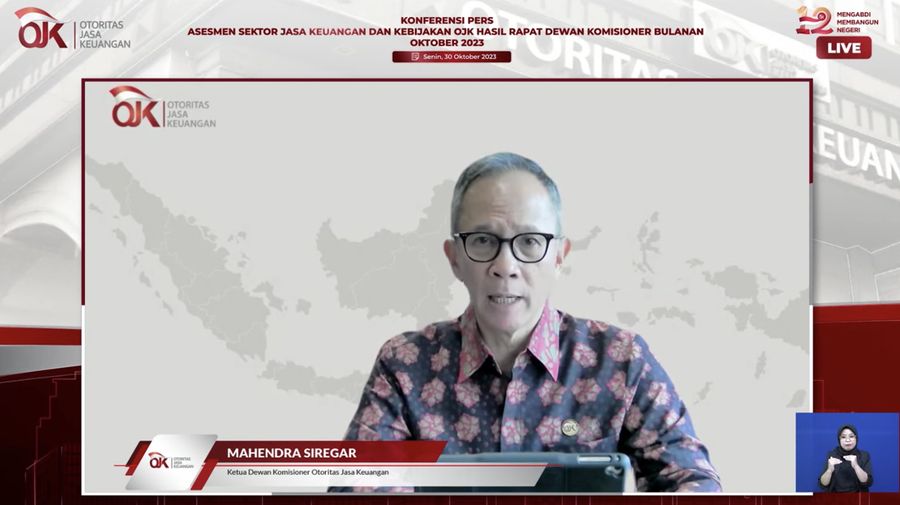 Mahendra Siregar dalam acara konferensi pers asesmen sektor jasa keuangan & kebijakan OJK hasil RDK bulanan Oktober 2023. (Tangkapam layar Youtube Otoritas Jasa Keuangan)