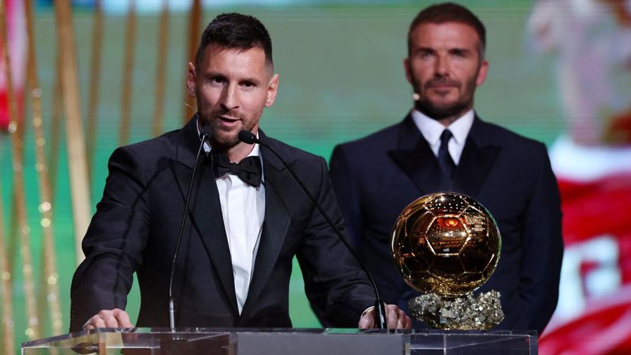 Inter Miami's and Argentina's national team player Lionel Messi receives the 2023 Ballon d'Or trophy during the 67th Ballon d'Or (Golden Ball) award ceremony at Theatre du Chatelet in Paris, France, Monday, Oct. 30, 2023. (AP Photo/Michel Euler)