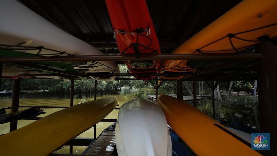 Taman Wisata Alam Angke, Kapuk (TWA) di Jakarta Utara mangrove memiliki luas sebesar 99,82 Ha yang dimanfaatkan untuk pariwisata dan rekreasi terbengkalai di sebagian lokasi, Kamis (2/11/2023). (CNBC Indonesia/Tri Susilo)