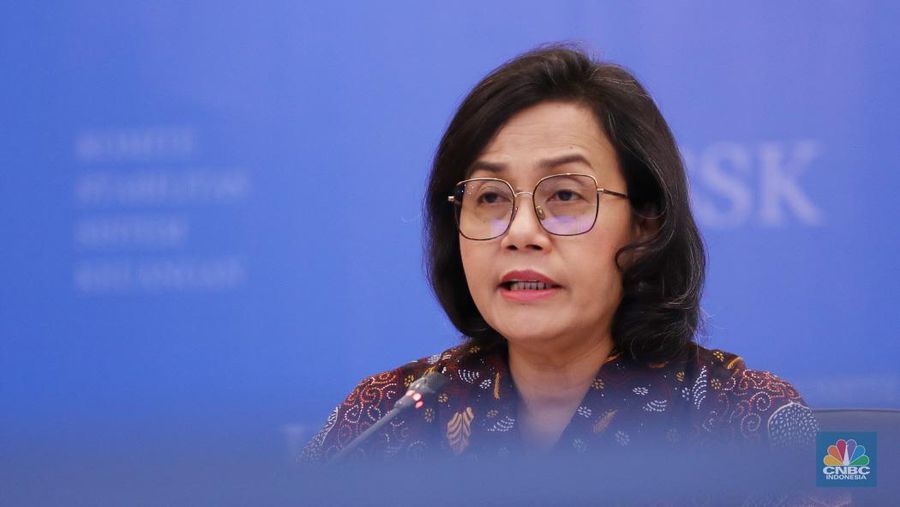 Menteri Keuangan Sri Mulyani Memberi Pemaparan Konferensi Pers KSSK: Hasil Rapat Berkala KSSK IV Tahun 2023. (CNBC Indonesia/Tri Susilo)