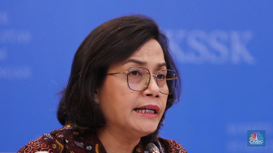 Menteri Keuangan, Sri Mulyani memberi pemaparan Konferensi Pers KSSK: Hasil Rapat Berkala KSSK IV Tahun 2023. (CNBC Indonesia/Tri Susilo)