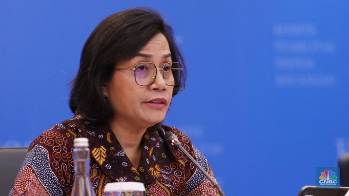 Menteri Keuangan, Sri Mulyani memberi pemaparan Konferensi Pers KSSK: Hasil Rapat Berkala KSSK IV Tahun 2023. (CNBC Indonesia/Tri Susilo)