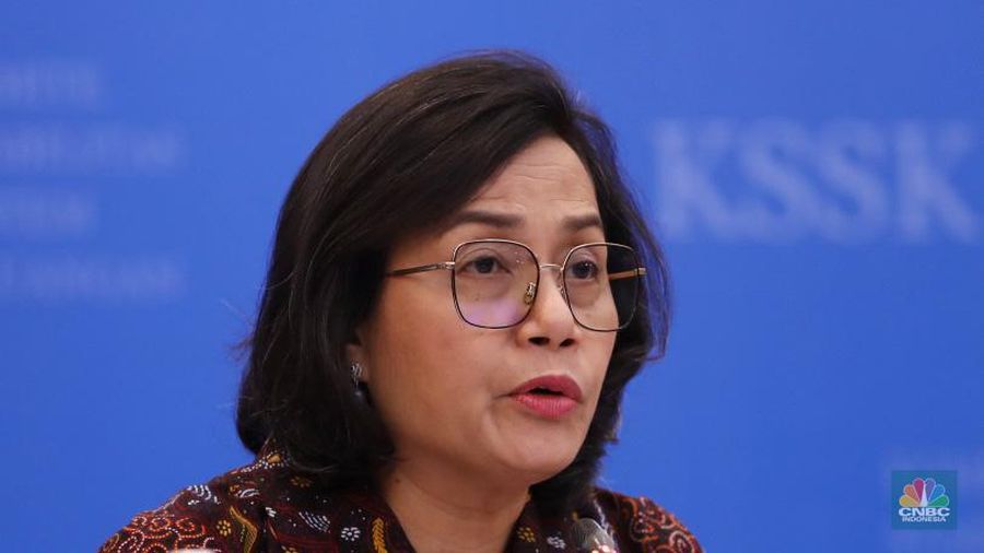 Menteri Keuangan Sri Mulyani Memberi Pemaparan Konferensi Pers KSSK: Hasil Rapat Berkala KSSK IV Tahun 2023. (CNBC Indonesia/Tri Susilo)