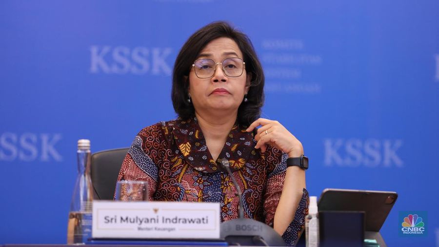Menteri Keuangan Sri Mulyani Memberi Pemaparan Konferensi Pers KSSK: Hasil Rapat Berkala KSSK IV Tahun 2023. (CNBC Indonesia/Tri Susilo)