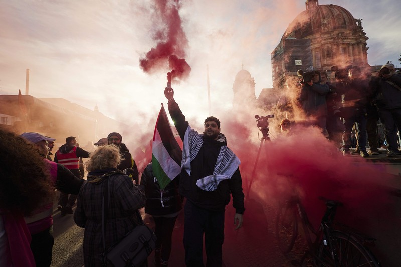 People take part in a pro Palestinian rally in Trafalgar Square, London, Saturday, Nov. 4, 2023. (Victoria Jones/PA via AP)