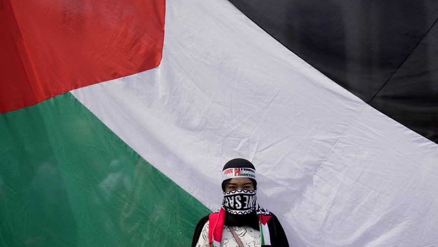 A woman stands in front of a large Palestinian flag during a rally in support of the Palestinians in Gaza, at the National Monument in Jakarta, Indonesia, Sunday, Nov. 5, 2023. (AP Photo/Dita Alangkara)