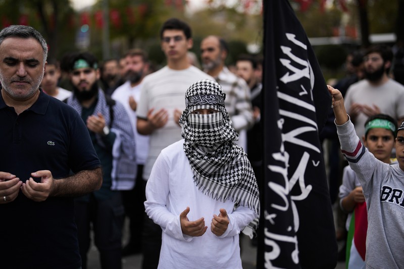 People take part in a pro Palestinian rally in Trafalgar Square, London, Saturday, Nov. 4, 2023. (Victoria Jones/PA via AP)