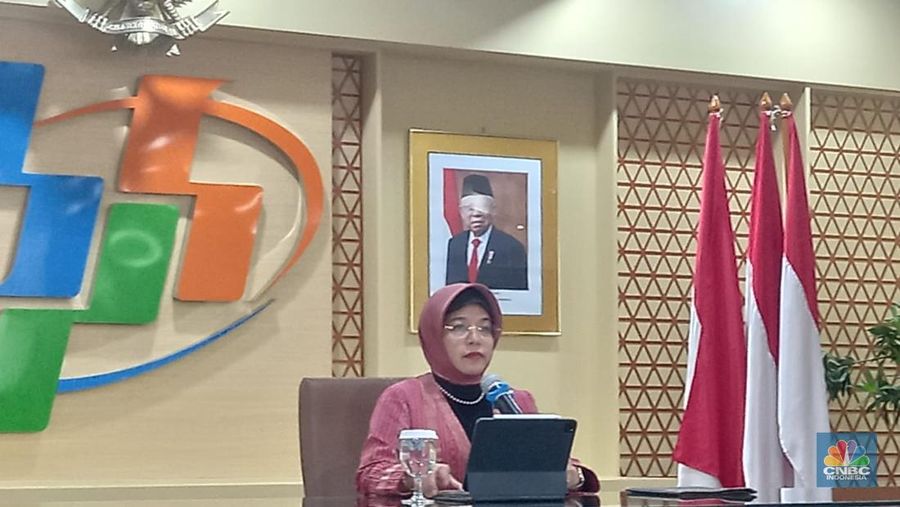 Amalia Adininggar Widyasanti dalam rilis BPS, Senin (6/11/2023). (CNBC Indonesia/Arrijal Rachman)