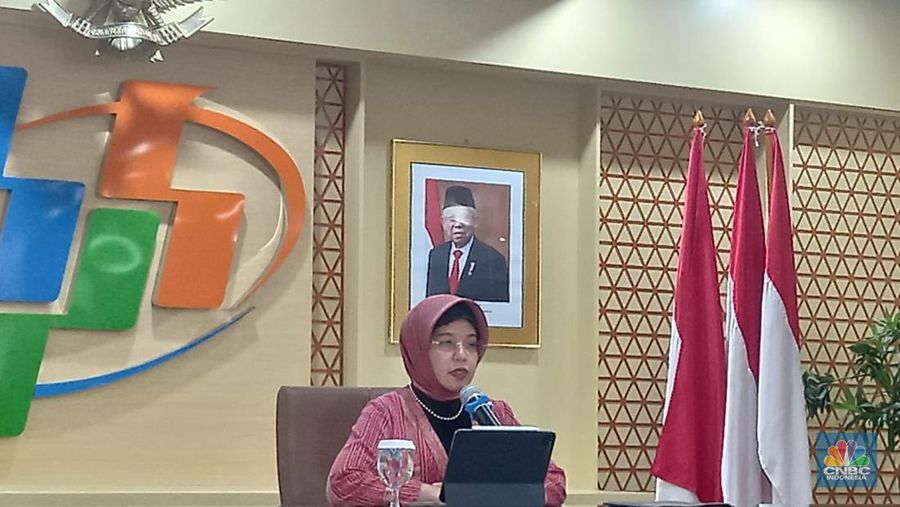 Amalia Adininggar Widyasanti dalam rilis BPS, Senin (6/11/2023). (CNBC Indonesia/Arrijal Rachman)