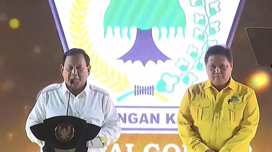 Bakal Calon Presiden Prabowo Subianto saat menghadiri puncak acara perayaan HUT ke-59 Partai Golkar, hari Senin (6/11/2023). (Tangkapan Layar Youtube CNN Indonesia)