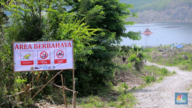 Sebuah Masjid di Kampung Sinday, Desa Pajagan, Kecamatan Sajira, Kabupaten Lebak, terlihat perlahan tenggelam oleh air yang terus meninggi saat proses Waduk Karian, Banten, Kamis, (9/11/2023). (CNBC Indonesia/Muhammad Sabki)