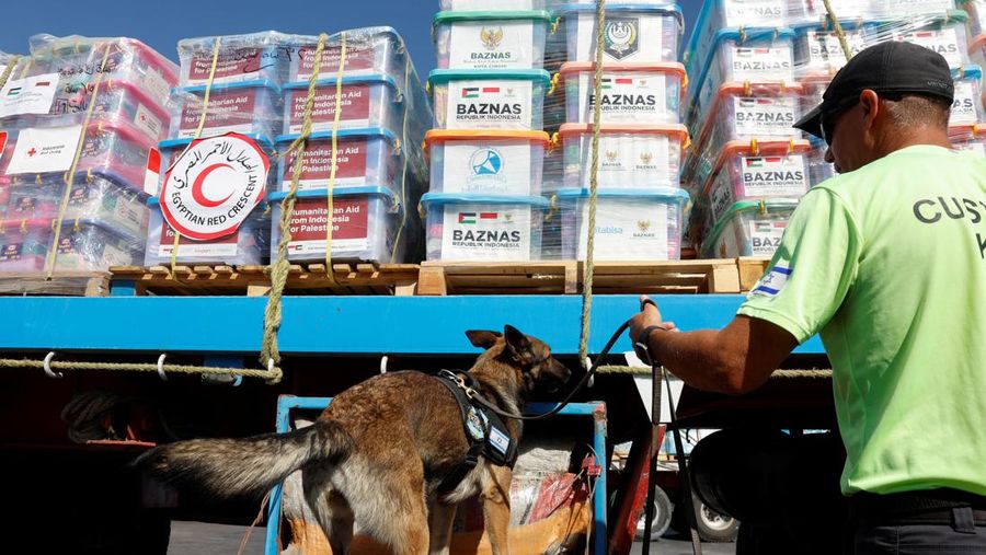 Seorang anggota unit K-9 bea cukai Israel dan seekor anjing memeriksa sebuah truk dengan pasokan kemanusiaan menuju Gaza, di tengah konflik yang sedang berlangsung antara Israel dan kelompok Islam Palestina Hamas, di penyeberangan perbatasan Nitzana di Israel 9 November 2023. (REUTERS/Evelyn Hockstein)