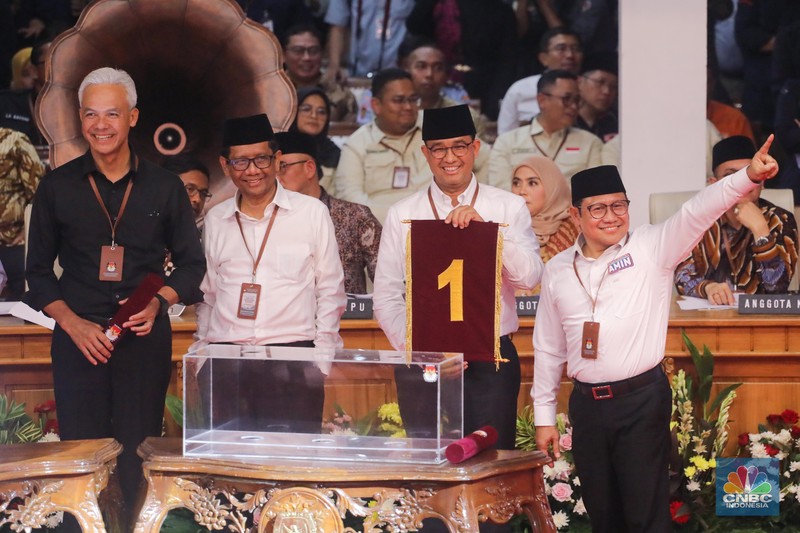Pasangan capres-cawapres menunjukkan nomor urut peserta usai pengundian nomor urut peserta Pilpres 2024 di Kantor KPU RI, Jakarta, Selasa (14/11/2023) malam. Pasangan capres-cawapres menunjukkan nomor urut peserta usai pengundian nomor urut peserta Pilpres 2024 di Kantor KPU RI, Jakarta, Selasa (14/11/2023) malam. (CNBC Indonesia/Faisal Rahman)