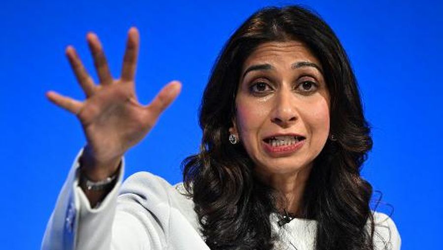 (FILES) Britain's Home Secretary Suella Braverman addresses delegates at the annual Conservative Party Conference in Manchester, northern England, on October 3, 2023. British leader Rishi Sunak sacked controversial interior minister Suella Braverman on November 13, 2023, multiple UK media outlets reported, as he reshuffles his top team ahead of a general election expected next year. (Photo by Oli SCARFF / AFP)