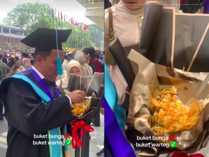 Bukan Buket Bunga, Wisudawan Ini Diberi Buket Nasi Warteg oleh Temannya