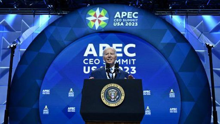 US President Joe Biden delivers remarks during the CEO summit at the Asia-Pacific Economic Cooperation (APEC) Leaders' Week in San Francisco, California, on November 16, 2023. The APEC Summit takes place through November 17. (Photo by Brendan SMIALOWSKI / AFP)