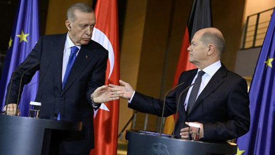 German Chancellor Olaf Scholz (R) and Turkish President Recep Tayyip Erdogan address a joint press conference before talks at the Chancellery in Berlin on November 17, 2023. (Photo by Tobias SCHWARZ / AFP)