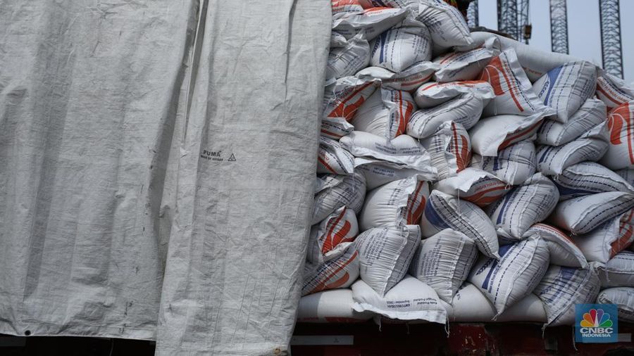 Sejumlah pekerja melakukan bongkar muat beras beras impor asal Vietnam tiba di Pelabuhan Tanjung Priok, Jakarta, Rabu (22/1/2023). (CNBC Indonesia/Tri Susilo)