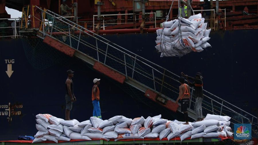 Sejumlah pekerja melakukan bongkar muat beras beras impor asal Vietnam tiba di Pelabuhan Tanjung Priok, Jakarta, Rabu (22/1/2023).  (վ/Tri Susilo)