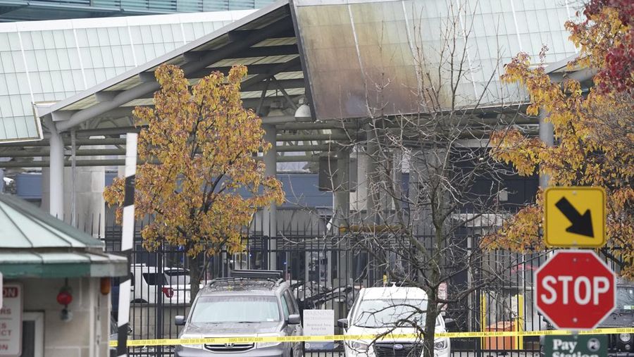 Police officers view the scene after an incident at the Rainbow Bridge U.S. border crossing with Canada, in Niagara Falls, New York, U.S. November 22, 2023 in a still image from video.  REUTERS/Reuters TV