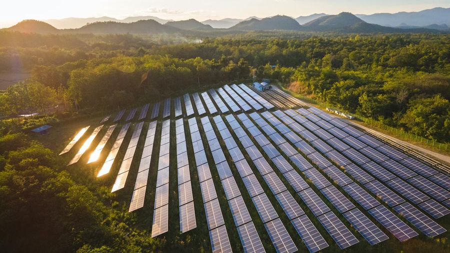 Aerial view of solar power station and solar energy panels