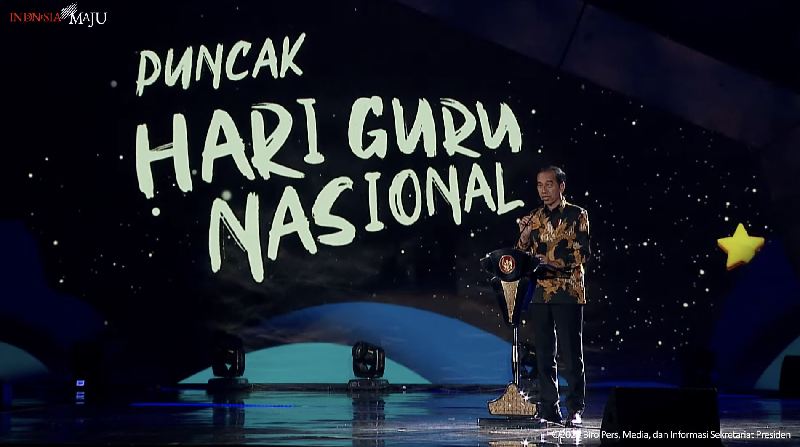 Sambutan Presiden Jokowi pada Puncak Peringatan Hari Guru Nasional, Jakarta, 25 November 2023. Sambutan Presiden Jokowi pada Puncak Peringatan Hari Guru Nasional, Jakarta, 25 November 2023. (Tangkapan Layar Youtube Sekretariat Presiden)