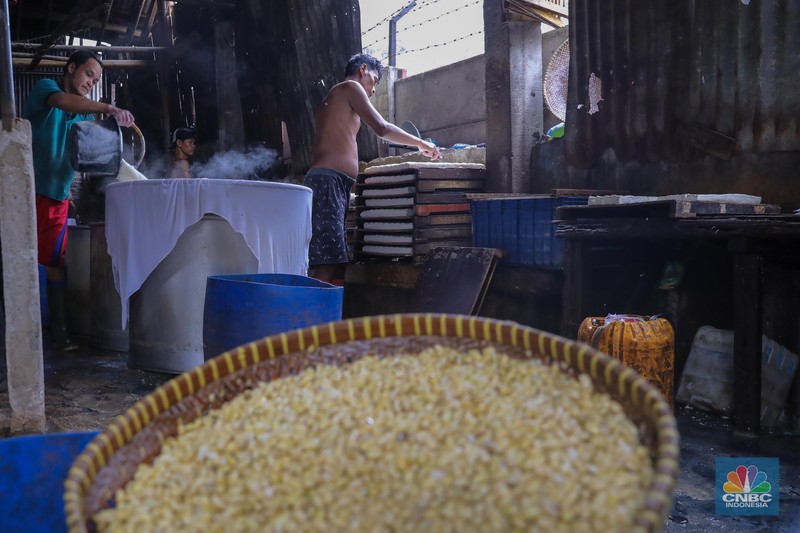 Pekerja menggiling kedelai pada salah satu pabrik tahu di Jakarta, Senin (27/11/2023). Pabrik tahu milik Haji Imroni tetap melakukan produksi seperti biasa meski harga kacang kedelai di pasaran telah menembus Rp 17.300/Kg dari yang sebelumnya Rp 13.000/Kg. (CNBC Indonesia/Faisal Rahman) Pekerja menggiling kedelai pada salah satu pabrik tahu di Jakarta, Senin (27/11/2023). Pabrik tahu milik Haji Imroni tetap melakukan produksi seperti biasa meski harga kacang kedelai di pasaran telah menembus Rp 17.300/Kg dari yang sebelumnya Rp 13.000/Kg. (CNBC Indonesia/Faisal Rahman)