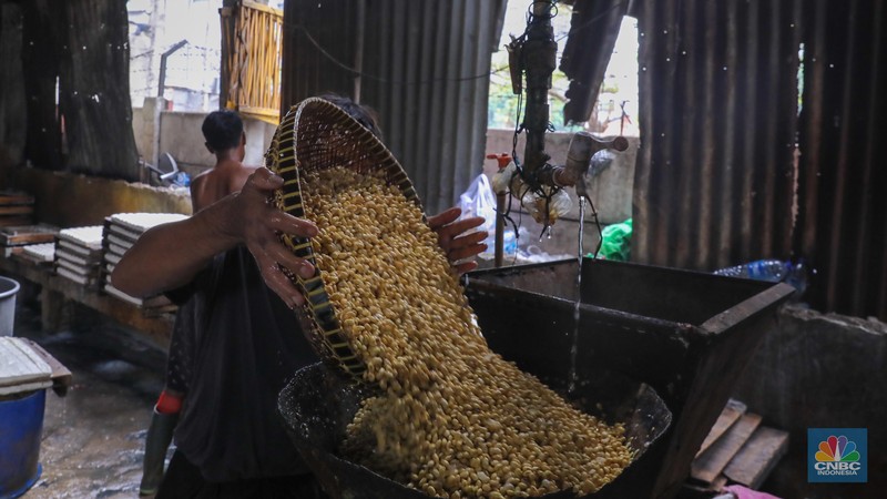Pekerja menggiling kedelai pada salah satu pabrik tahu di Jakarta, Senin (27/11/2023). Pabrik tahu milik Haji Imroni tetap melakukan produksi seperti biasa meski harga kacang kedelai di pasaran telah menembus Rp 17.300/Kg dari yang sebelumnya Rp 13.000/Kg. (CNBC Indonesia/Faisal Rahman)