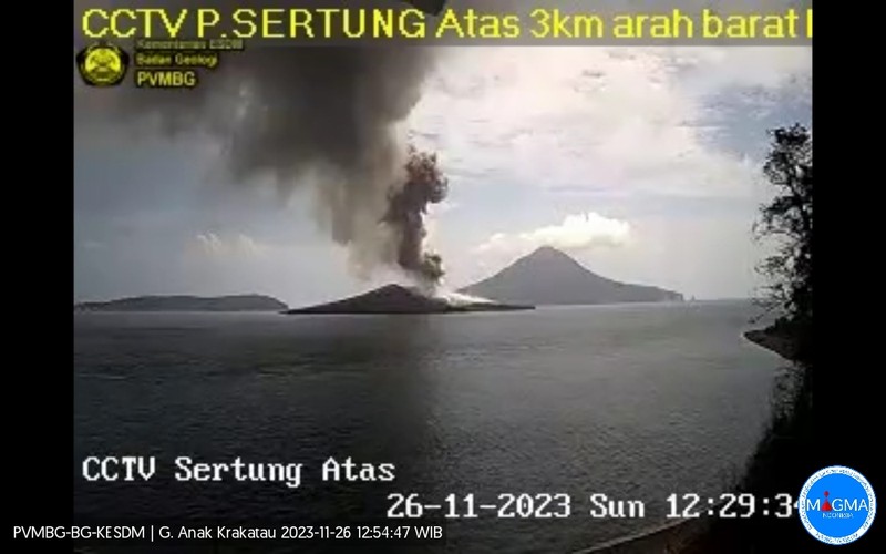 Terjadi erupsi G. Anak Krakatau pada hari Senin, 27 November 2023, pukul 11:43 WIB dengan tinggi kolom abu teramati ± 2000 m di atas puncak (± 2157 m di atas permukaan laut). (Dok: PVMBG Kementerian ESDM