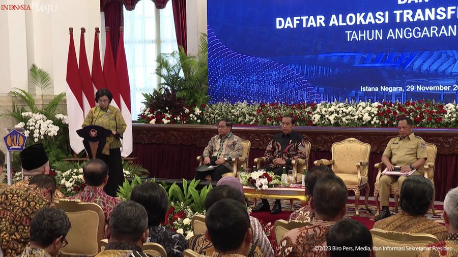 Sri Mulyani dalam acara penyerahan digital DIPA dan buku daftar alokasi TKD tahun 2024, Rabu (29/11/2023). (Tangkapan layar Setpres RI)