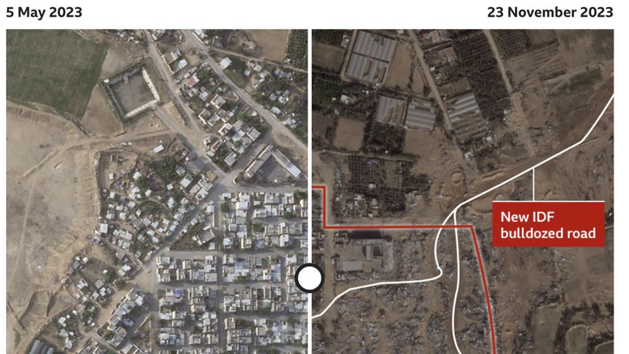 Foro udara menujukkan IDF juga menyerang kota kecil di dekatnya, Beit Hanoun, kurang dari 1,6 km (1 mil) dari perbatasan. Dikatakan 120 sasaran diserang di daerah tersebut pada hari pertama serangan udara. (Maxar Technologies/Handout via REUTERS)