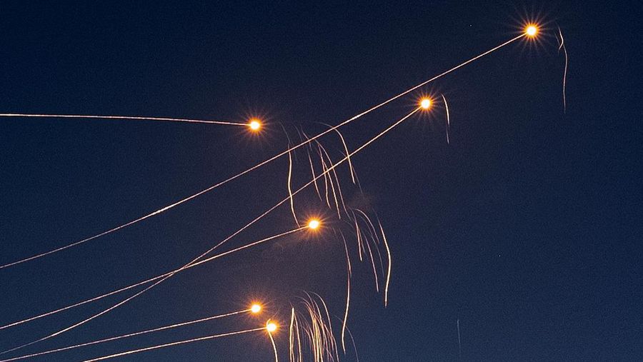 Israel's Iron Dome anti-missile system intercepts rockets launched from the Gaza Strip, after a temporary truce between Israel and the Palestinian Islamist group Hamas expired, as seen from Ashkelon, Israel, December 1, 2023. REUTERS/Amir Cohen      TPX IMAGES OF THE DAY