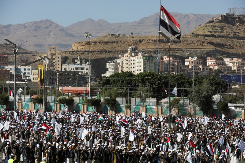 Newly recruited fighters who joined a Houthi military force intended to be sent to fight in support of the Palestinians in the Gaza Strip, march during a parade in Sanaa, Yemen December 2, 2023. REUTERS/Khaled Abdullah