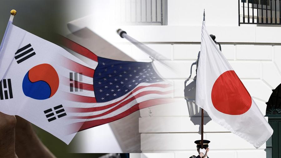 Foto kolase bendera Korea Selatan, Amerika Serikat, dan Jepang, (Getty Images & AP Photo)