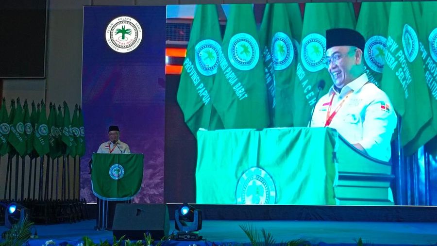 Ketua Umum APKASINDO Gulat Manurung dalam Pertemuan Nasional Petani Kelapa Sawit Indonesia, Jakarta, Kamis (7/12/2023). (CNBC Indonesia/Martyasari Rizky)