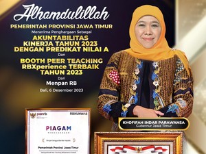 10 Kali Berturut-turut, Pemprov Jatim Raih Penghargaan SAKIP Predikat A